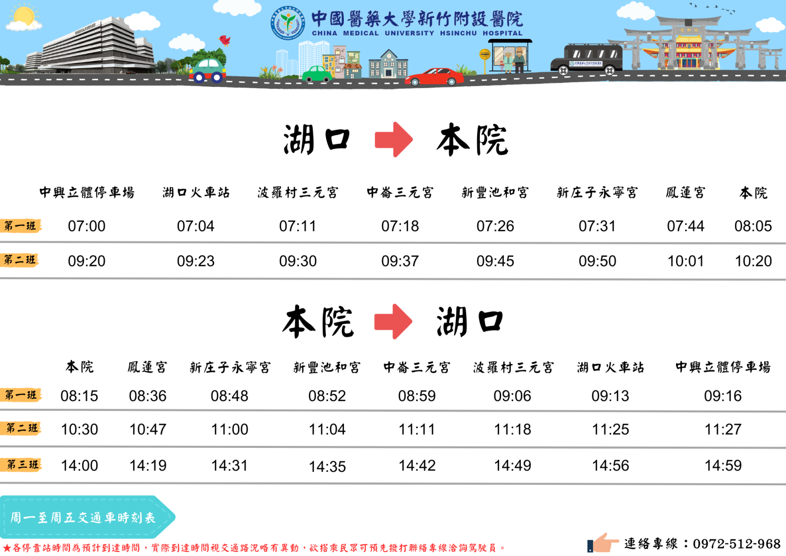 周一至周五交通時刻表，本院往返湖口班次(開啟JPG檔)