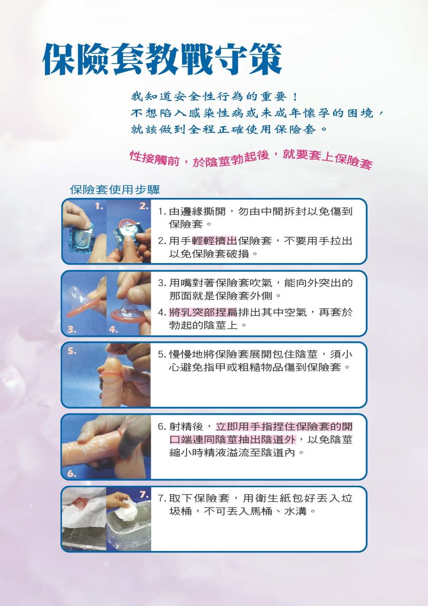  保險套教戰守策 我知道安全性行為的重要! 不想陷入感染性病或未成年懷孕的困境, 就該做到全程正確使用保險套。 性接觸前,於陰莖勃起後,就要套上保險套 保險套使用步驟 2. 1.由邊緣撕開,勿由中間拆封以免傷到 保險套。 2.用手輕輕擠出保險套,不要用手拉出 以免保險套破損。 3. 用嘴對著保險套吹氣,能向外突出的 那面就是保險套外側。 4. 將乳突部捏扁排出其中空氣,再套於 勃起的陰莖上。 5. 慢慢地將保險套展開包住陰莖,須小 心避免指甲或粗糙物品傷到保險套。 6. 射精後,立即用手指捏住保險套的開 口端連同陰莖抽出陰道外,以免陰莖 縮小時精液溢流至陰道內。 7. 取下保險套,用衛生紙包好丟入垃 圾桶,不可丟入馬桶、水溝。