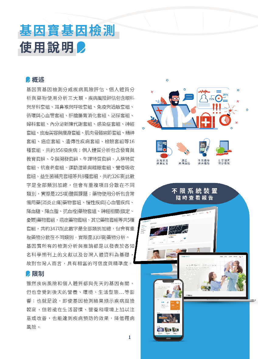 基因寶基因檢測 使用說明 概述 基因寶基因檢測分成疾病風險評估、個人體質分 析與藥物使用分析三大類,疾病風險評估包含眼科 與牙科套組、耳鼻喉與呼吸套組、免疫與過敏套組、 循環與心血管套組、肝膽腸胃消化套組、泌尿套組、 婦科套組、內分泌新陳代謝套組、感染症套組、神經 套組、皮膚美容與瘦身套組、肌肉骨骼關節套組、精神 套組、癌症套組、遺傳性疾病套組、檢驗套組等16 種套組,共約356項疾病;個人體質分析包含發育與 教育套組、全腦開發套組、生理特質套組、人格特質 套組、抗衰老套組、運動潛能與睡眠套組、營養吸收 套組、益生菌補充套組等共8種套組,共約326項(此數 字是全部類別加總,但會有重複項目分散在不同 類別,實際是225項)體質課題;藥物使用分析包含常 備用藥(消炎止痛)藥物套組、慢性疾病(心血管疾病、 降血糖、降血脂、抗血栓)藥物套組、神經相關(鎮定、 憂鬱)藥物套組、癌症藥物套組、其它藥物套組等共5種 套組,共約347項(此數字是全部類別加總,但會有重 複藥物分散在不同類別,實際是330項)藥物分析。 基因寶所有的檢測分析與推論都是以發表於各知 名科學期刊上的文獻以及台灣人體資料為基礎 故對台灣人而言,具有相當的可信度與精準度。 限制 雖然疾病風險和個人體質都與先天的基因有關, 但也會受到後天的營養、環境、生活型態...等影 響;也就是說,即使基因檢測結果顯示疾病風險 較高,但若能在生活習慣、營養和環境上加以注 意或改善,也能達到疾病預防的效果,降低罹病 風險。 台灣常見 www 25% 75% 連症 生育透伸 铁病風險 非常疆震 不限系統裝置 随時查看報告 1