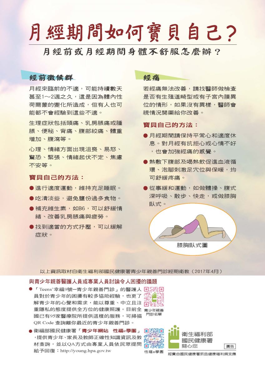  月經期間如何寶貝自己? 月經前或月經期間身體不舒服怎麼辦? 經前徵候群 月經來臨前的不適,可能持續數天 甚至1~2週之久,這是因為體內性 荷爾蒙的變化所造成,但有人也可 能都不會經驗到這些不適。 生理症狀包括頭痛、乳房脹痛或腫 脹、便秘、背痛、腹部絞痛、體重 增加、腹瀉等。 心理、情緒方面出現沮喪、易怒、 驚恐、緊張、情緒起伏不定、焦慮 不安等。 寶貝自己的方法: ●進行適度運動,維持充足睡眠。 ●吃清淡些,避免鹽份過多食物。 ●補充維生素,如B6,可以舒緩情 緒、改善乳房脹痛與疲勞。 找到適當的方式抒壓,可以緩解 症狀。 經痛 若經痛無法改善,請找醫師做檢查 是否有生殖道畸型或有子宮內膜異 位的情形,如果沒有異樣,醫師會 視情況開藥給你改善。 寶貝自己的方法: 月經期間請保持平常心和適度休 息。對月經有抗拒心或心情不好 ,也會加強經痛的感覺。 ● 熱敷下腹部及喝熱飲促進血液循 環、泡腳刺激足穴位與保暖,均 可舒緩疼痛。 ●從事緩和運動,如做體操、腹式 深呼吸、散步、快走,或做膝胸 臥式。 膝胸臥式圖 以上資訊取材自衛生福利部國民健康署青少年親善門診經期衛教(2017年4月) 與青少年親善醫護人員或專業人員討論令人困擾的議題 ●「Teens'幸福9號—青少年親善門診」的醫護人 回回 員對於青少年的困擾有較多協助經驗,也更了 解青少年的心聲和需求,能以尊重、中立且注向行 重隱私的態度提供全方位的健康照護。目前全 青少年親善 國已有95家醫療院所提供這樣的服務,可掃描 門診名單 QR Code 查詢離你最近的青少年親善門診。 衛福部國民健康署「青少年網站 性福e學園」 回 ,提供青少年、家長及教師正確性知識資訊及教 材查詢,並以QA方式由專業人員依民眾提問 給予回復:http://young.hpa.gov.tw 衛生福利部 國民健康署 關心您 性福e學園 廣告 經費由國民健康署菸品健康福利捐支農