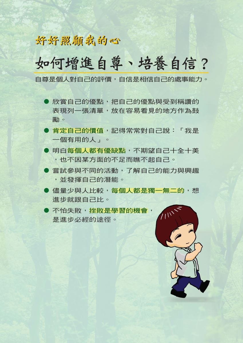  好好照顧我的心 如何增進自尊、培養自信? 自尊是個人對自己的評價,自信是相信自己的處事能力。 欣賞自己的優點,把自己的優點與受到稱讚的 表現列一張清單,放在容易看見的地方作為鼓 勵。 肯定自己的價值,記得常常對自己說:「我是 一個有用的人」 明白每個人都有優缺點,不期望自己十全十美 ,也不因某方面的不足而瞧不起自己。 嘗試參與不同的活動,了解自己的能力與興趣 ,並發揮自己的潛能。 儘量少與人比較,每個人都是獨一無二的,想 進步就跟自己比。 不怕失敗,挫敗是學習的機會, 是進步必經的途徑。