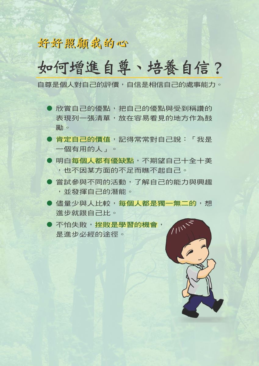  好好照顧我的心 如何增進自尊、培養自信? 自尊是個人對自己的評價,自信是相信自己的處事能力。 欣賞自己的優點,把自己的優點與受到稱讚的 表現列一張清單,放在容易看見的地方作為鼓 勵。 肯定自己的價值,記得常常對自己說:「我是 一個有用的人」 明白每個人都有優缺點,不期望自己十全十美 ,也不因某方面的不足而瞧不起自己。 嘗試參與不同的活動,了解自己的能力與興趣 ,並發揮自己的潛能。 儘量少與人比較,每個人都是獨一無二的,想 進步就跟自己比。 不怕失敗,挫敗是學習的機會, 是進步必經的途徑。