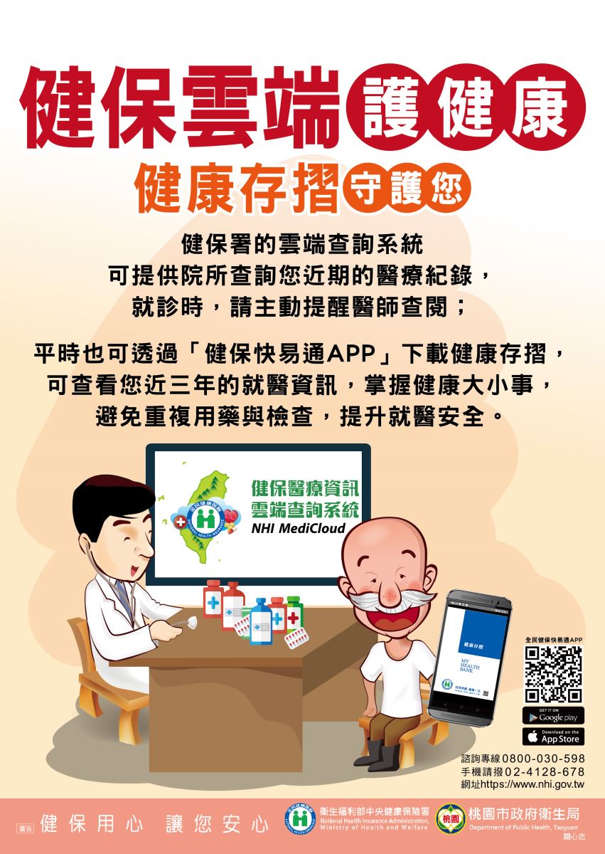 圖二：健保雲端童健康 健康存摺您 健保署的雲端查詢系統 可提供院所查詢您近期的醫療紀錄, 就診時,請主動提醒醫師查閱; 平時也可透過「健保快易通APP」下載健康存摺, 可查看您近三年的就醫資訊,掌握健康大小事, 避免重複用藥與檢查,提升就醫安全。