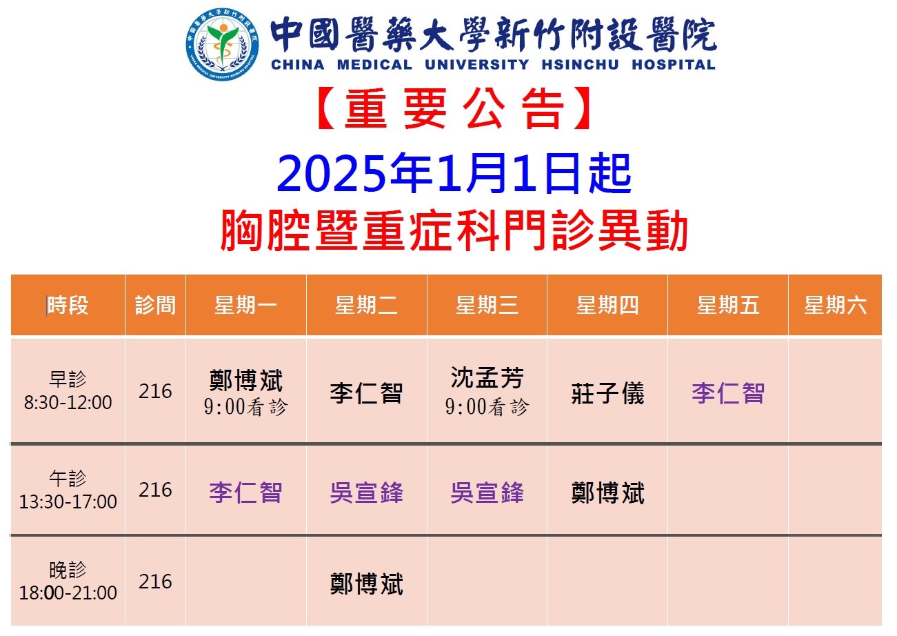 重要公告-2025年起胸腔暨重症科門診異動